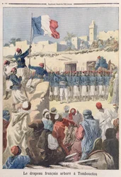 Franska flaggan höjs i Timbuktu (Mali) från "Le Petit Journal", februari 1894